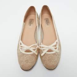 Pre Owned Valentino Beige Lace  and Leather Ballet Flats Size 38.5