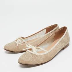 Pre Owned Valentino Beige Lace  and Leather Ballet Flats Size 38.5