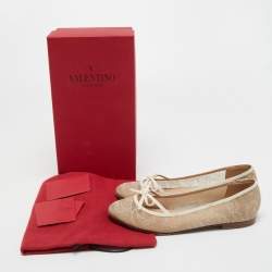 Pre Owned Valentino Beige Lace  and Leather Ballet Flats Size 38.5