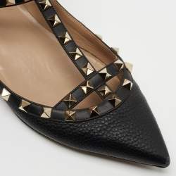 Pre Owned Valentino Black Leather Rockstud Ankle Strap Ballet Flats Size 39