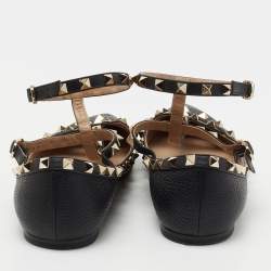 Pre Owned Valentino Black Leather Rockstud Ankle Strap Ballet Flats Size 39