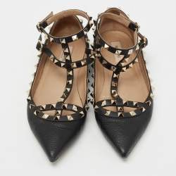Pre Owned Valentino Black Leather Rockstud Ankle Strap Ballet Flats Size 39