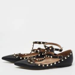 Pre Owned Valentino Black Leather Rockstud Ankle Strap Ballet Flats Size 39