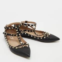 Pre Owned Valentino Black Leather Rockstud Ankle Strap Ballet Flats Size 39