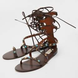 Pre Owned Valentino Brown Leather Rockstud Ankle Wrap Flats Size 37.5
