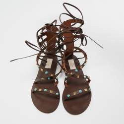 Pre Owned Valentino Brown Leather Rockstud Ankle Wrap Flats Size 37.5
