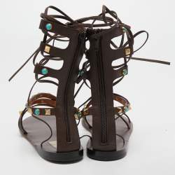 Pre Owned Valentino Brown Leather Rockstud Ankle Wrap Flats Size 37.5