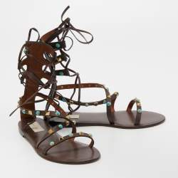 Pre Owned Valentino Brown Leather Rockstud Ankle Wrap Flats Size 37.5