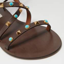 Pre Owned Valentino Brown Leather Rockstud Ankle Wrap Flats Size 37.5