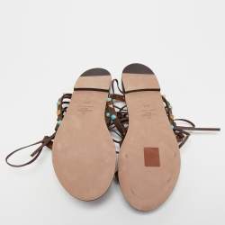 Pre Owned Valentino Brown Leather Rockstud Ankle Wrap Flats Size 37.5