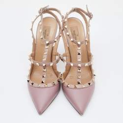 Pre Owned Valentino Pink Leather Rockstud Ankle Strap Pumps Size 41.5