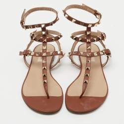 Pre Owned Valentino Brown Leather Rockstud Flat Thong Sandals Size 38