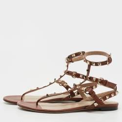 Pre Owned Valentino Brown Leather Rockstud Flat Thong Sandals Size 38