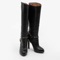 Pre Owned Valentino Black Leather Rockstud Mild Calf Boots Size 38