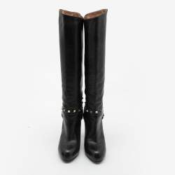 Pre Owned Valentino Black Leather Rockstud Mild Calf Boots Size 38