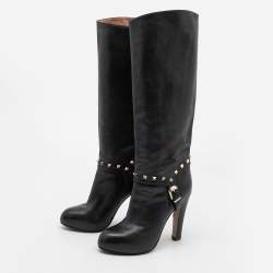 Pre Owned Valentino Black Leather Rockstud Mild Calf Boots Size 38