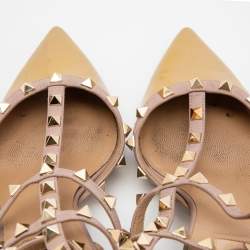 Pre Owned Valentino Yellow/Beige Patent and Leather Rockstud Ankle Strap Pumps Size 39.5 