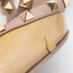 Pre Owned Valentino Yellow/Beige Patent and Leather Rockstud Ankle Strap Pumps Size 39.5 