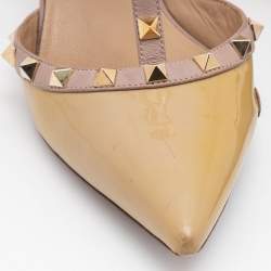 Pre Owned Valentino Yellow/Beige Patent and Leather Rockstud Ankle Strap Pumps Size 39.5 