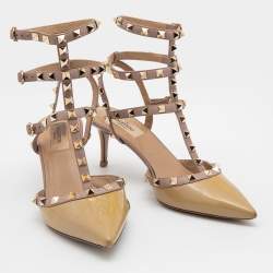 Pre Owned Valentino Yellow/Beige Patent and Leather Rockstud Ankle Strap Pumps Size 39.5 