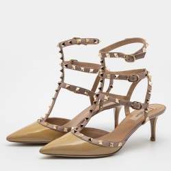 Pre Owned Valentino Yellow/Beige Patent and Leather Rockstud Ankle Strap Pumps Size 39.5 