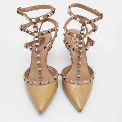 Pre Owned Valentino Yellow/Beige Patent and Leather Rockstud Ankle Strap Pumps Size 39.5 