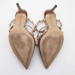 Pre Owned Valentino Burgundy/Beige Patent and Leather  Rockstud  Mule Sandals Size 36