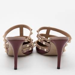 Pre Owned Valentino Burgundy/Beige Patent and Leather  Rockstud  Mule Sandals Size 36