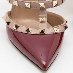 Pre Owned Valentino Burgundy/Beige Patent and Leather  Rockstud  Mule Sandals Size 36