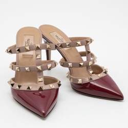 Pre Owned Valentino Burgundy/Beige Patent and Leather  Rockstud  Mule Sandals Size 36