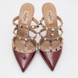 Pre Owned Valentino Burgundy/Beige Patent and Leather  Rockstud  Mule Sandals Size 36
