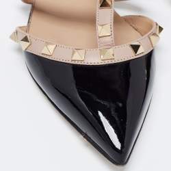 Pre Owned Valentino Black/Pink Patent snd Leather Rockstud Flats Size 36