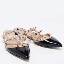 Pre Owned Valentino Black/Pink Patent snd Leather Rockstud Flats Size 36