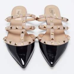 Pre Owned Valentino Black/Pink Patent snd Leather Rockstud Flats Size 36