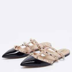 Pre Owned Valentino Black/Pink Patent snd Leather Rockstud Flats Size 36