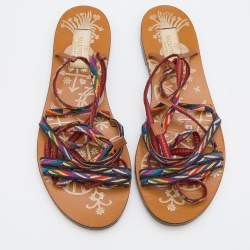 Valentino Multicolor Fabric Ankle Wrap Flat Sandals Size 36.5