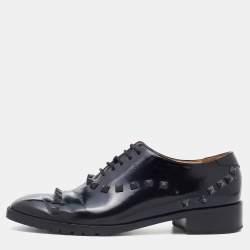 Pre Owned Valentino Black Leather Rockstud Lace Up Oxfords Size 36