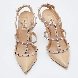Pre Owned Valentino Beige Patent Leather Rockstud Ankle Strap Pumps Size 38.5
