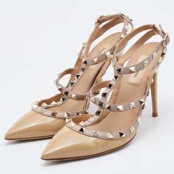 Pre Owned Valentino Beige Patent Leather Rockstud Ankle Strap Pumps Size 38.5