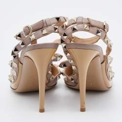 Pre Owned Valentino Beige Patent Leather Rockstud Ankle Strap Pumps Size 38.5