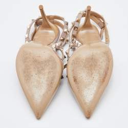 Pre Owned Valentino Beige Patent Leather Rockstud Ankle Strap Pumps Size 38.5