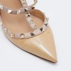 Pre Owned Valentino Beige Patent Leather Rockstud Ankle Strap Pumps Size 38.5