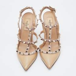 Pre Owned Valentino Beige Patent Leather Rockstud Ankle Strap Pumps Size 38.5