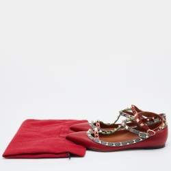 Pre Owned Valentino Red Leather Rockstud Ankle Strap Ballet Flats Size 37.5
