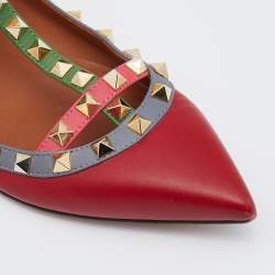 Pre Owned Valentino Red Leather Rockstud Ankle Strap Ballet Flats Size 37.5