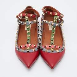 Pre Owned Valentino Red Leather Rockstud Ankle Strap Ballet Flats Size 37.5