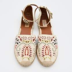 Pre Owned Valentino Multicolor Embroidered Leather Ankle Strap Espadrille Flats Size 41
