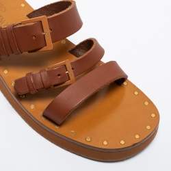 Pre Owned Valentino Brown Leather Rockstud Flat Slides Size 39