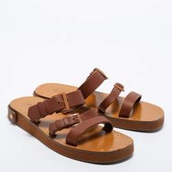 Pre Owned Valentino Brown Leather Rockstud Flat Slides Size 39