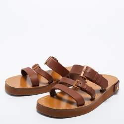 Pre Owned Valentino Brown Leather Rockstud Flat Slides Size 39